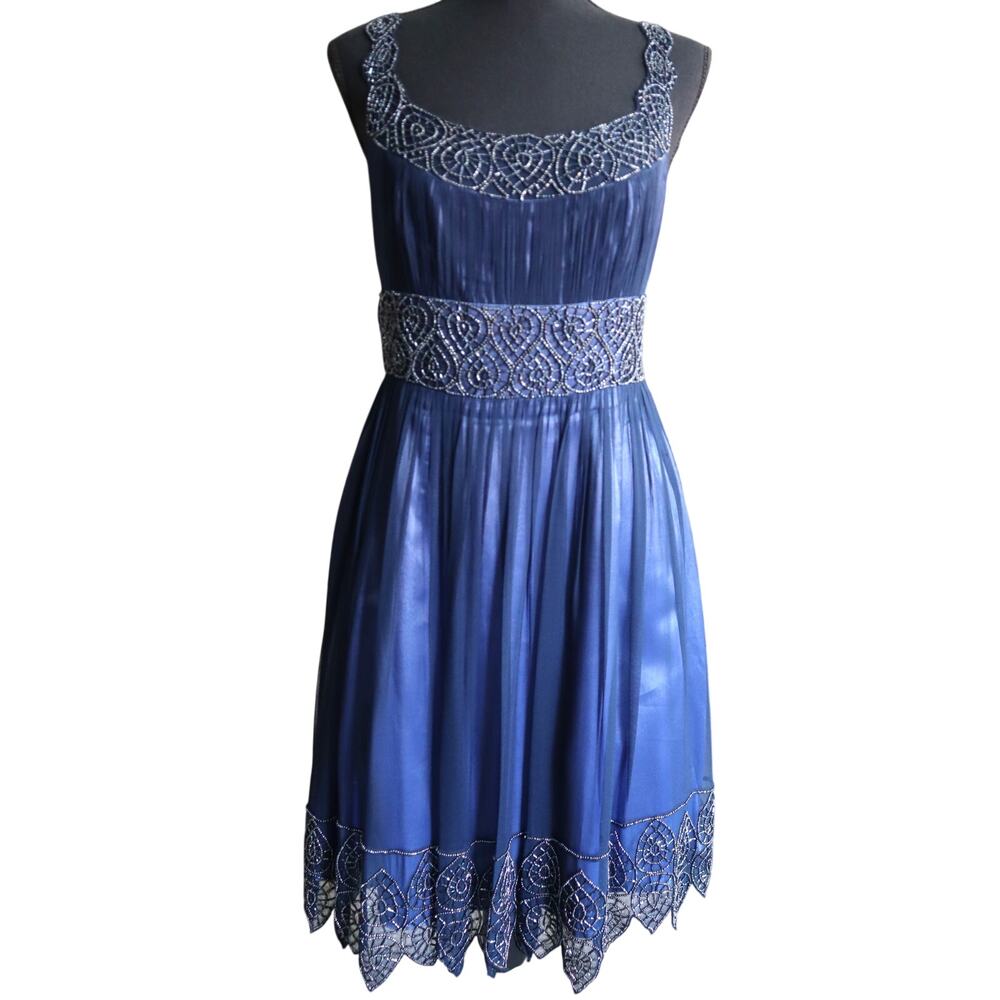 Adrianna Papell Evening SILK Dress Short Blue Ruched Beaded Empire Waist 4